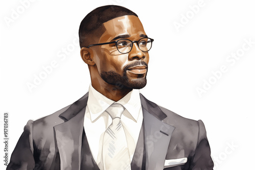 Illustration African American businessman smiling on white background. World of work. African country. Black men. Recruitment. Job offer. Image for graphic designer. African. Africa.