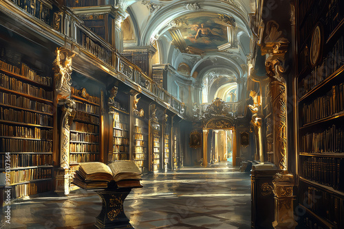 Explore the grandeur of a vast, ancient library filled with countless scrolls and illuminated manuscripts, basking in warm, ethereal light. photo