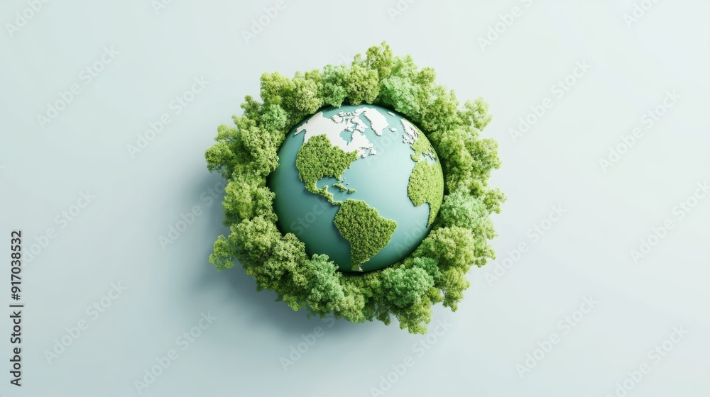 Creative eco-friendly design featuring a globe surrounded by trees and a flowing river, highlighting the concept of going green with a realistic backdrop Creative eco-friendly design featuring a globe surrounded by trees and a flowing river, highlighting the concept of going green with a realistic backdrop
