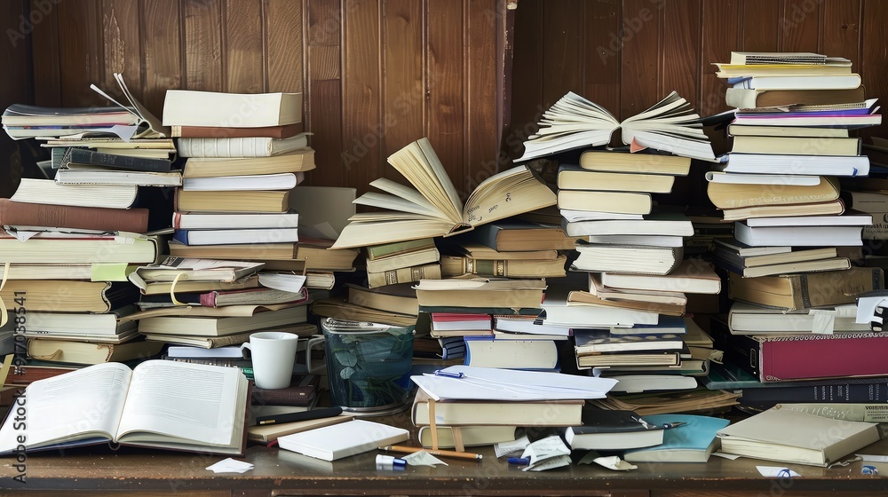 Obraz premium A Pile of Books on a Shelf