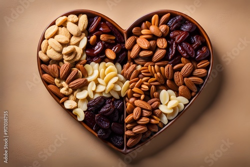 Mix of nuts in heart shaped bowl on brown background, top view photo