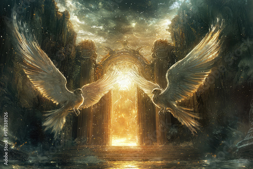 Ethereal winged guardians protect the golden gates of heaven, casting divine light across a surreal, transcendent celestial landscape. photo