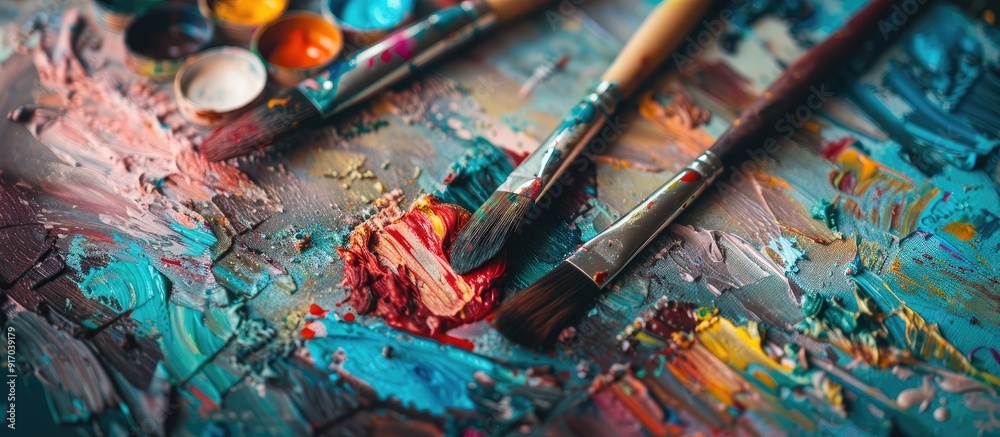 Artistic tools like brushes and colorful paints are key for painting promoting creativity and education inviting viewers with copy space image Artistic tools like brushes and colorful paints are key for painting promoting creativity and education inviting viewers with copy space image