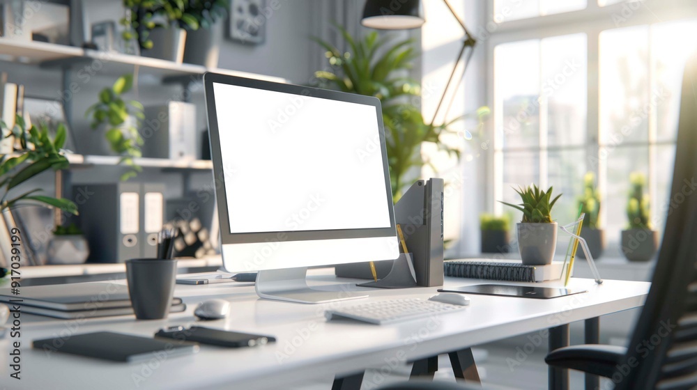 Modern office workplace with blank computer monitor, graphic tablet and supplies on white table. Graphic design studio.workplace concept.