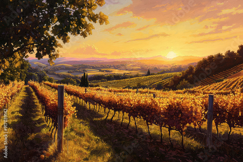 A golden sunset casts a warm glow over rolling vineyard hills, enhancing the rich autumn colors of the grapevines and the calm, serene landscape. photo