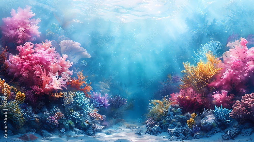 Naklejka premium A watercolor design of an underwater coral reef, various vibrant corals, seaweed, marine life, bright blues and greens, soft gradients, intricate details, lively underwater scene, hd quality,
