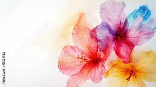 A vibrant arrangement of translucent flowers in various colors against a light background.