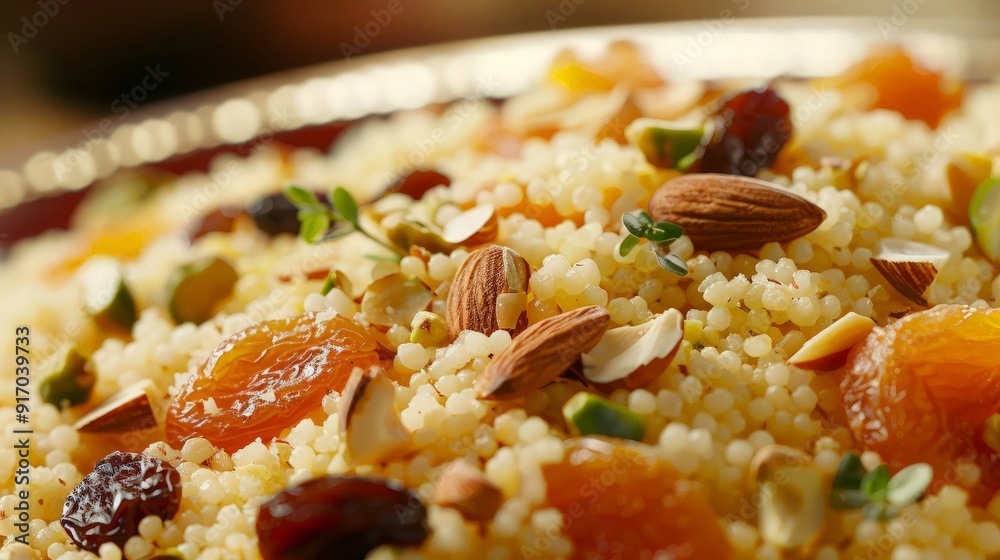 Close-up of a bowl with couscous, almonds, pistachios, apricots, and raisins Close-up of a bowl with couscous, almonds, pistachios, apricots, and raisins