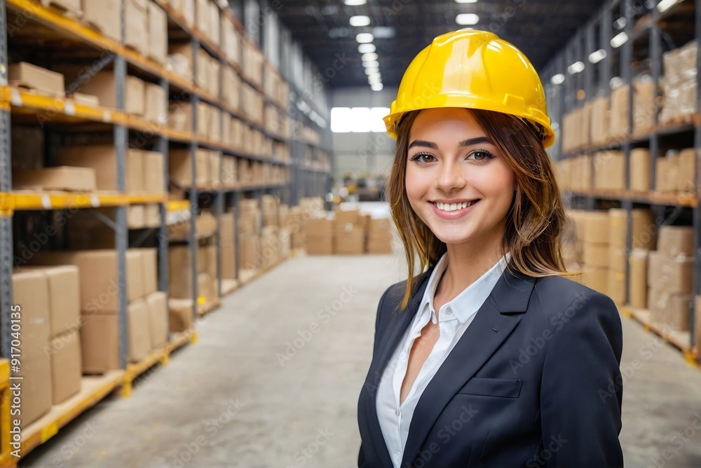 Portrait of a successful engineering manager smiling and standing in a warehouse with copy space.