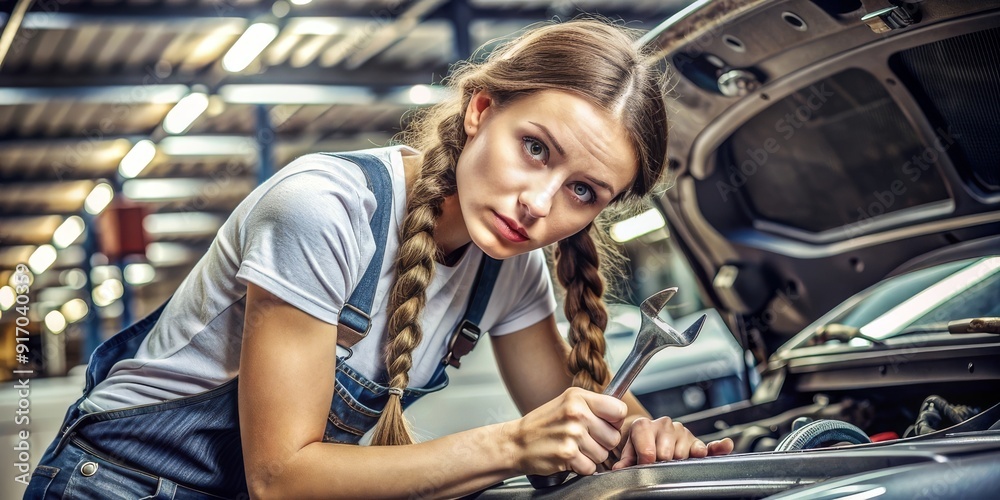 A woman mechanic holding a wrench in a car repair shop working on a vehicle A woman mechanic holding a wrench in a car repair shop working on a vehicle