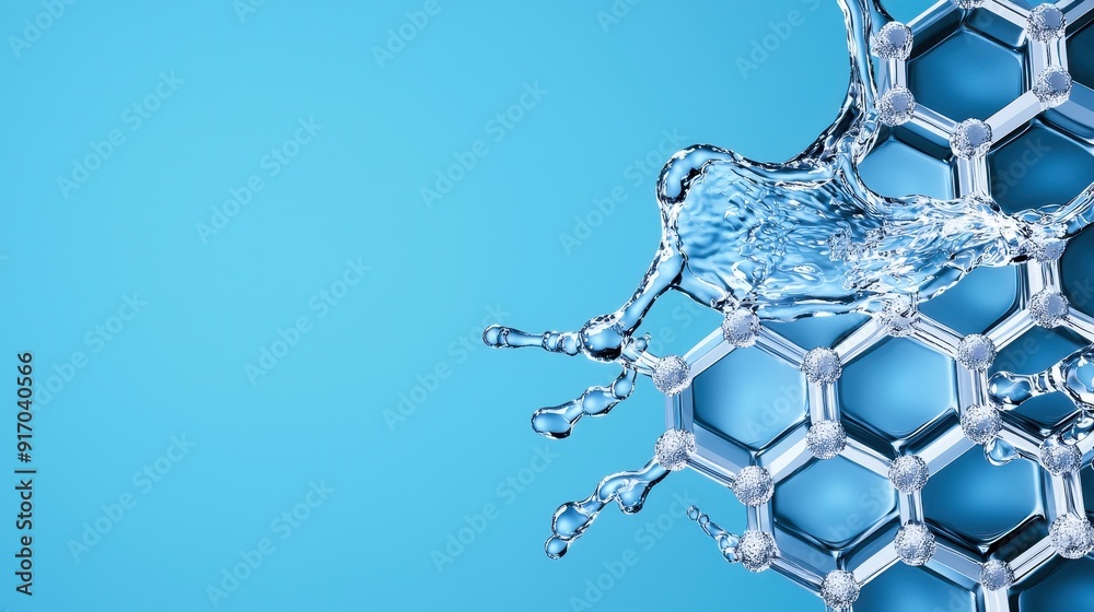 A dynamic splash of water collides with a hexagonal structure, set against a vibrant blue background, showcasing fluid movement. A dynamic splash of water collides with a hexagonal structure, set against a vibrant blue background, showcasing fluid movement.