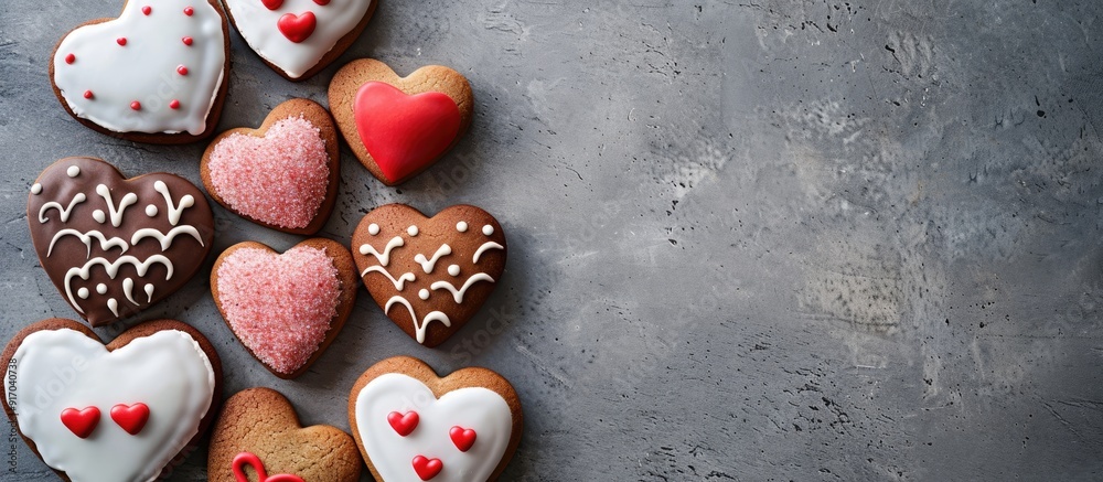 A close up copy space image featuring assorted heart shaped Valentine s cookies on a gray background A close up copy space image featuring assorted heart shaped Valentine s cookies on a gray background