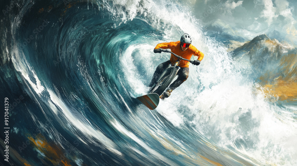 Fototapeta premium Show an athlete mid-action, such as a snowboarder performing a high-flying trick, a surfer riding a massive wave,
