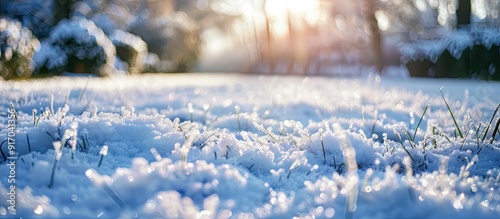 Fresh snow covering the grass in late winter or early spring creating a serene image with copy space for use in any weather