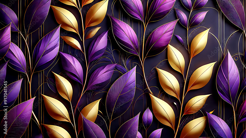 Elegant Violet and Gold Leaf Pattern, Modern Painting to hang on the wall, Art painting for living room, Wallpaper Interior Art, Ornamental Leaves on Dark Background, Ornamentals leaves on Grunge wall Elegant Violet and Gold Leaf Pattern, Modern Painting to hang on the wall, Art painting for living room, Wallpaper Interior Art, Ornamental Leaves on Dark Background, Ornamentals leaves on Grunge wall
