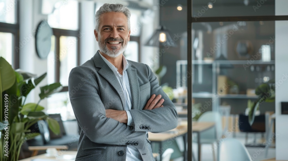 Smiling handsome businessman with crossed arms in modern office, middle-aged gray-haired man exuding confidence, business success concept. Smiling handsome businessman with crossed arms in modern office, middle-aged gray-haired man exuding confidence, business success concept.