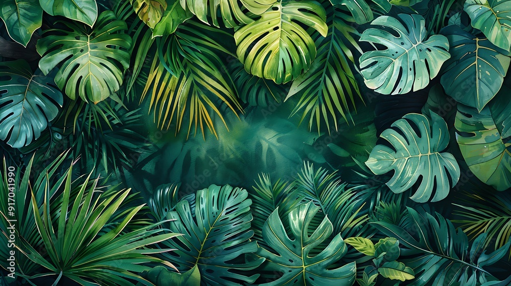 A watercolor pattern of a wild jungle, lush tropical plants, vibrant green leaves, exotic animals, rich earthy tones, seamless design, detailed foliage, hd quality, natural look. 