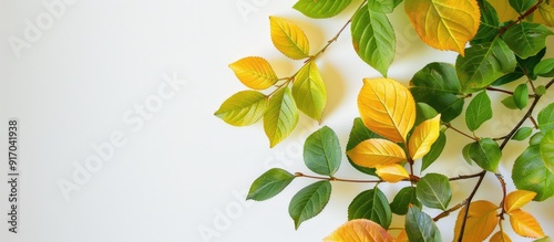 Green and yellow leaves set on a white backdrop for use in background or interior design ideal for a copy space image