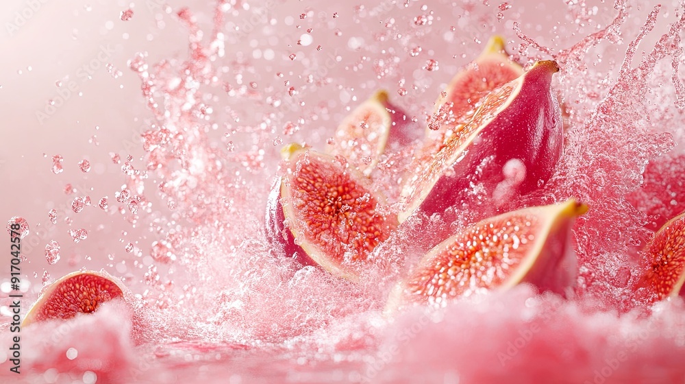 Explosive splash of water and fresh figs in motion, captured mid-air with vibrant colors and surreal detail on a clean bright background. Realistic photorealism with dynamic liquid dispersion Explosive splash of water and fresh figs in motion, captured mid-air with vibrant colors and surreal detail on a clean bright background. Realistic photorealism with dynamic liquid dispersion