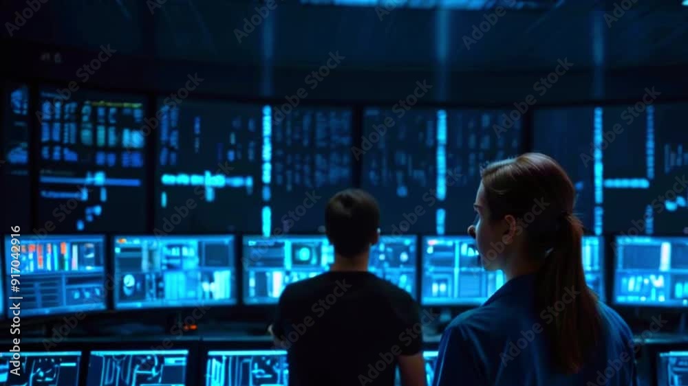 Two people stand in a dark room in front of a wall of large monitors displaying data. Two people stand in a dark room in front of a wall of large monitors displaying data.