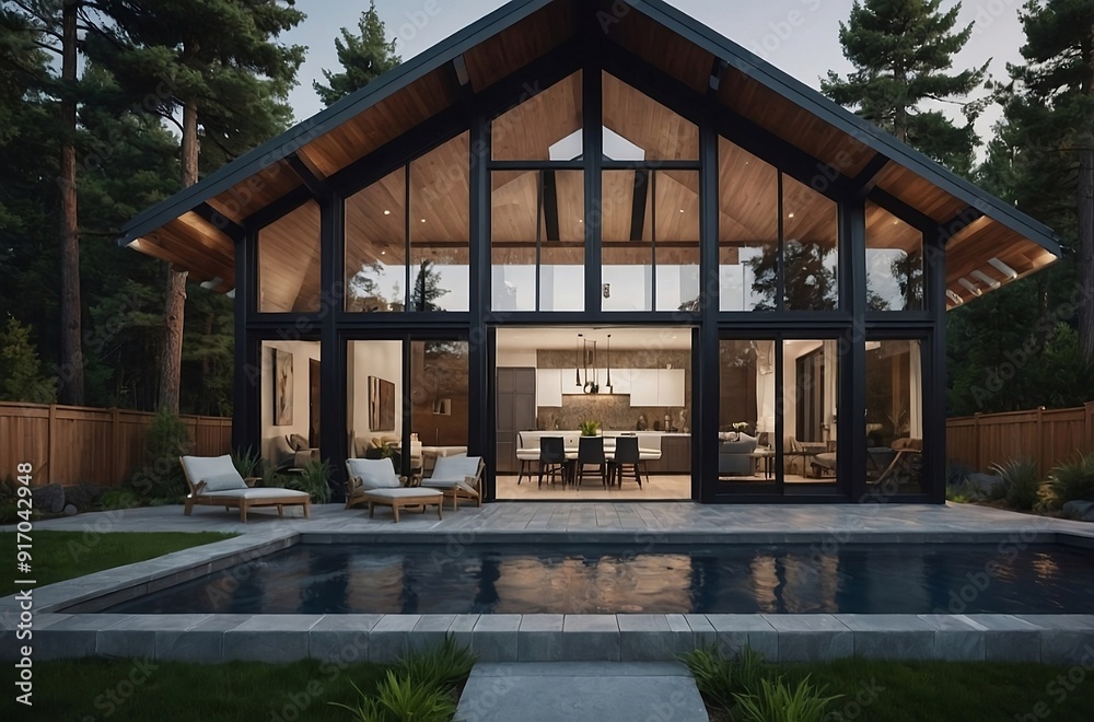 Fototapeta premium Experience the sleek and modern design of a suburban A-frame home, with floor-to-ceiling windows and a spacious open floor plan.