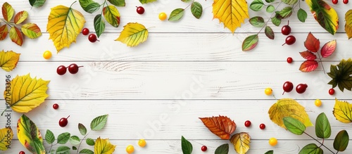 Top down view of a mockup featuring vibrant autumn leaves and berries in yellow green and red shades on a white wooden backdrop with ample copy space image