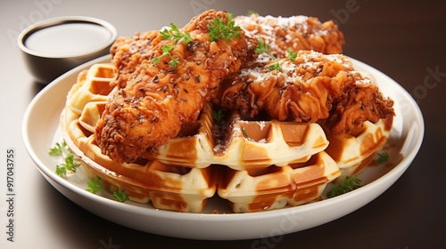 Chicken and waffles, detailed close-up showing delicious textures, front view from above, studio lighting, white background. photo