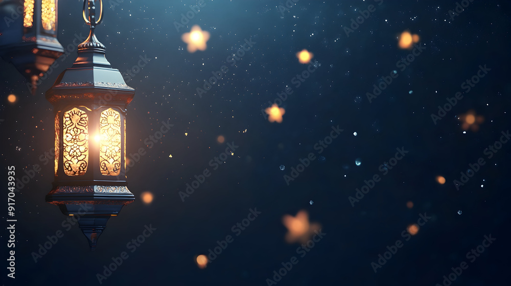 Ramadan Kareem background banner with stars and lantern. Image with copy space. Generative AI Ramadan Kareem background banner with stars and lantern. Image with copy space. Generative AI