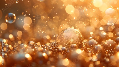 A gold colored sphere is surrounded by many other gold colored spheres. The sphere is the center of attention and the other spheres are scattered around it. The image has a bright