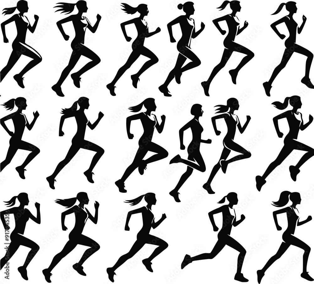 Running man and woman black silhouette isolated vector illustration. Running couple, jogging couple.