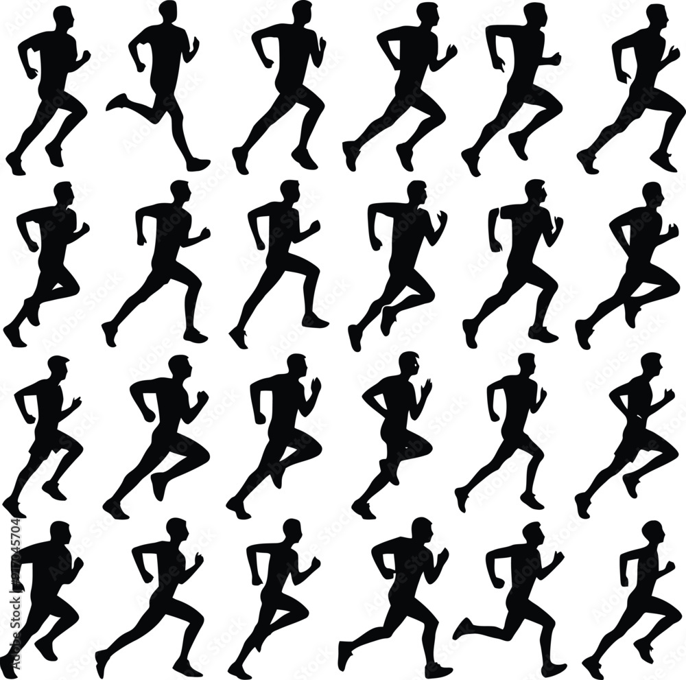 Running man and woman black silhouette isolated vector illustration. Running couple, jogging couple. Running man and woman black silhouette isolated vector illustration. Running couple, jogging couple.