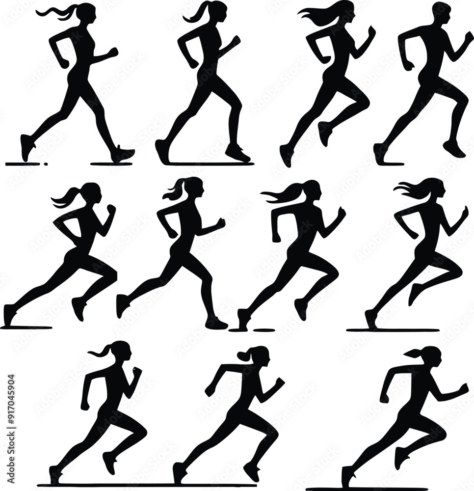 Running man and woman black silhouette isolated vector illustration. Running couple, jogging couple. Running man and woman black silhouette isolated vector illustration. Running couple, jogging couple.