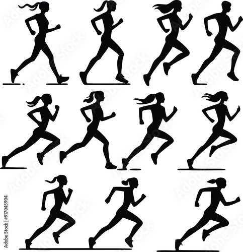 Running man and woman black silhouette isolated vector illustration. Running couple, jogging couple.