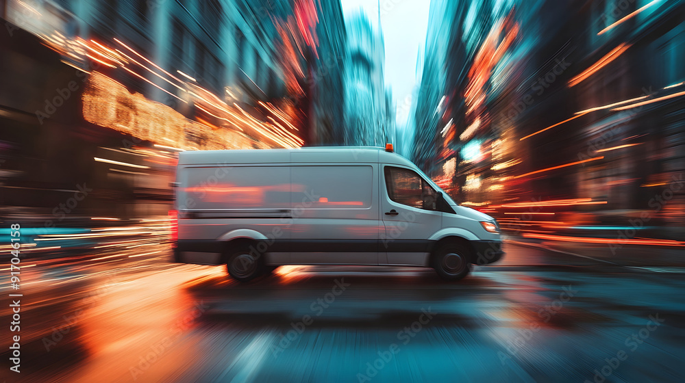 Speeding Delivery Van in Urban Cityscape. Speeding Delivery Van in Urban Cityscape.