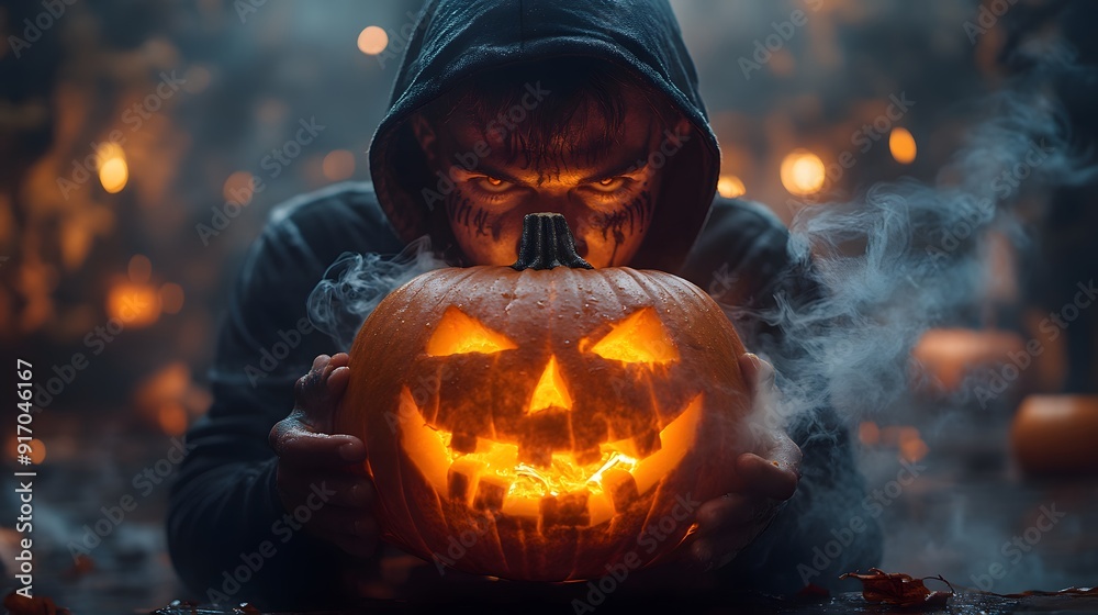 Fototapeta premium A man is holding a pumpkin with a scary face on it. The pumpkin is lit up and surrounded by smoke. The scene has a spooky and eerie mood, which is typical of Halloween
