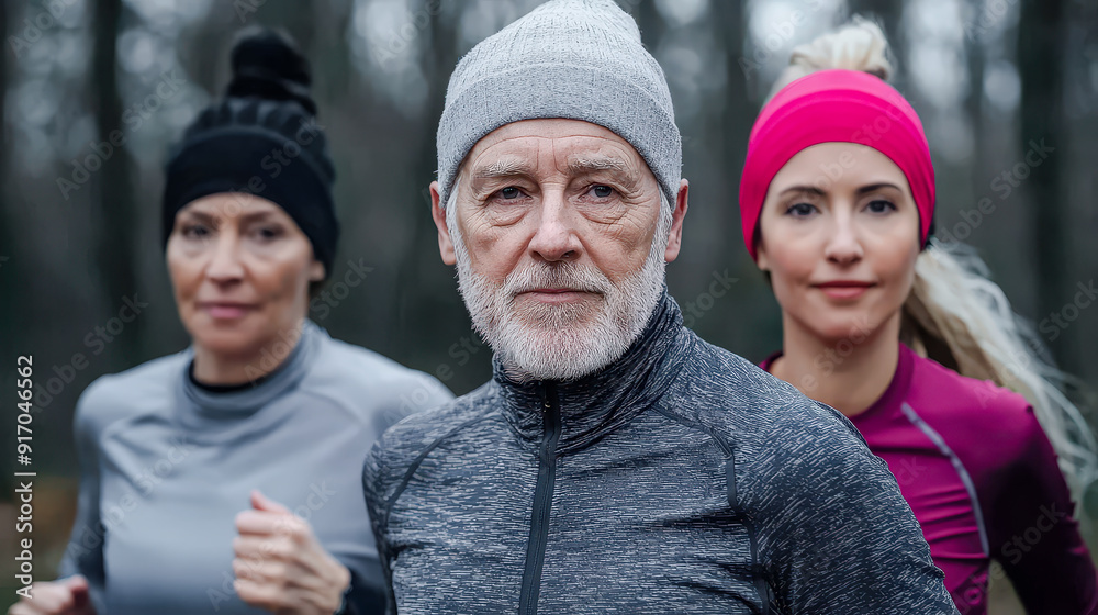 Fototapeta premium Active Lifestyle A dynamic group of senior People jogging in nature showcasing fitness and healthy living