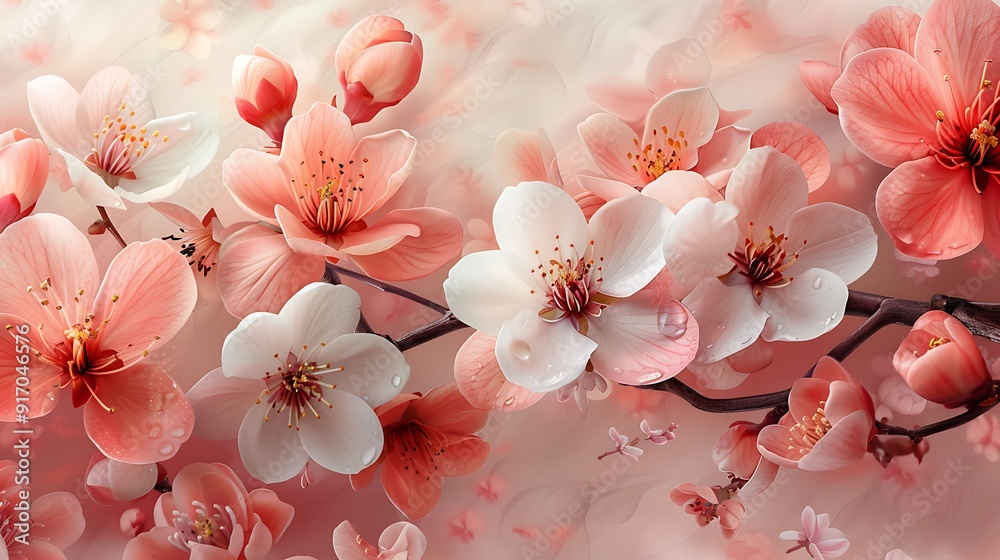 Spring blossoms watercolor design, various flowers like cherry blossoms, magnolias, and dogwoods, soft pinks and whites, delicate details, seamless pattern, fresh and ethereal, hd quality, Spring blossoms watercolor design, various flowers like cherry blossoms, magnolias, and dogwoods, soft pinks and whites, delicate details, seamless pattern, fresh and ethereal, hd quality,