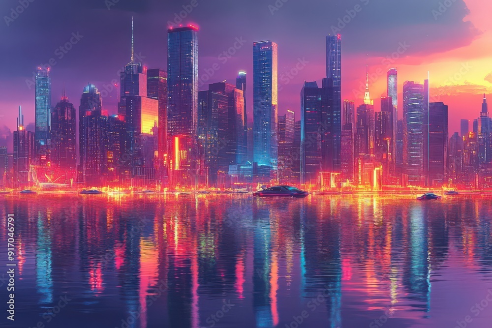 A vibrant city skyline at dusk, reflecting colorful lights on water. A vibrant city skyline at dusk, reflecting colorful lights on water.
