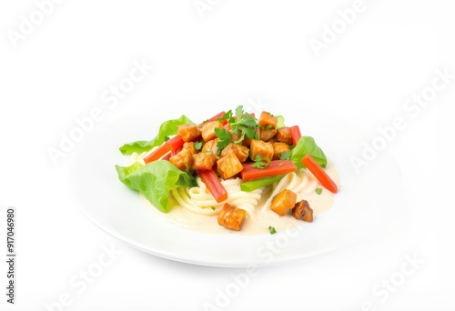 Close up of a plate of pasta, chicken, and red peppers.