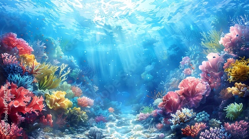 Fototapeta Naklejka Na Ścianę i Meble -  Underwater coral reef watercolor design, vibrant corals, colorful seaweed, diverse marine life, bright blues and greens, soft blending, detailed textures, vivid and lively, hd quality, natural look.