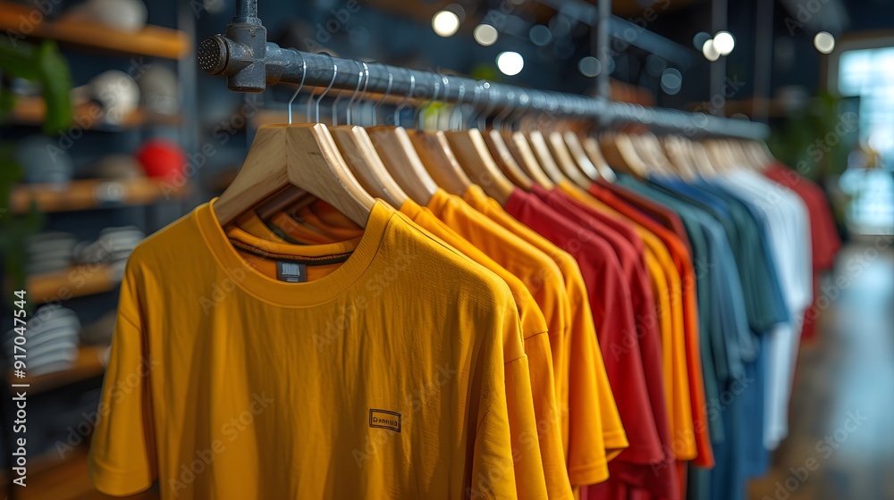 A rack of shirts in a store with a yellow shirt on the left. The yellow shirt has a logo on it A rack of shirts in a store with a yellow shirt on the left. The yellow shirt has a logo on it