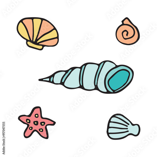 Vibrant collection of beach shells and starfish. Coastal marine illustration captures the essence of seaside vacations and ocean treasures.
