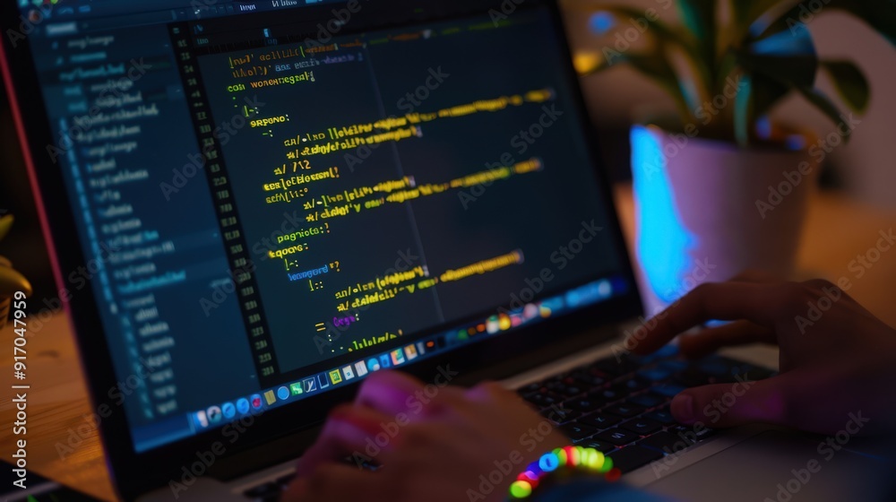 A close-up of code being written in a text editor, with syntax highlighting and code suggestions visible on the screen. A close-up of code being written in a text editor, with syntax highlighting and code suggestions visible on the screen.