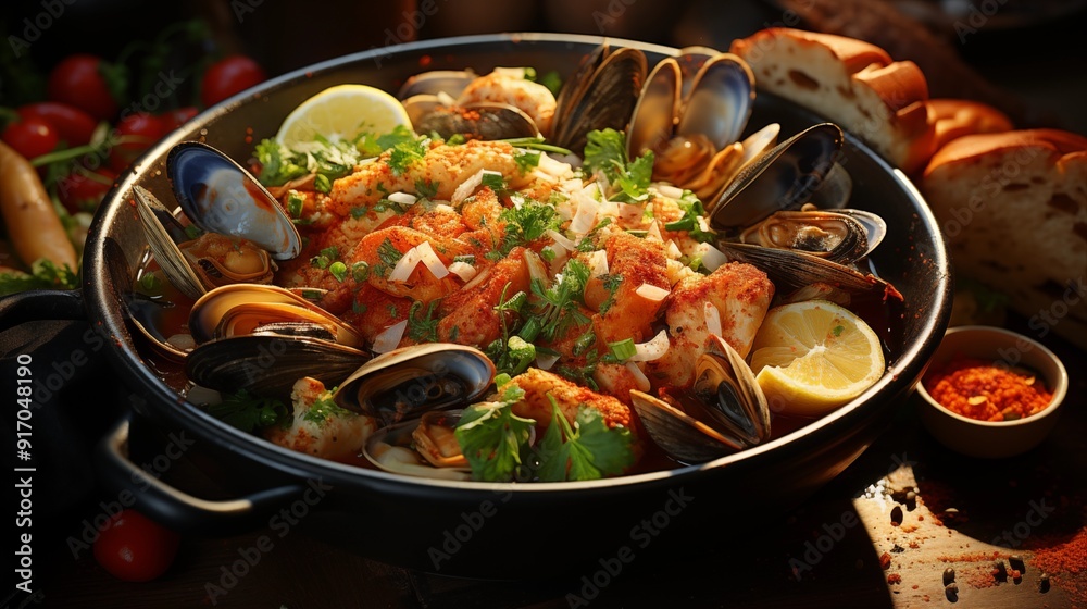 Cioppino, detailed close-up capturing its rich textures, front view from above, studio lighting, white background. Cioppino, detailed close-up capturing its rich textures, front view from above, studio lighting, white background.
