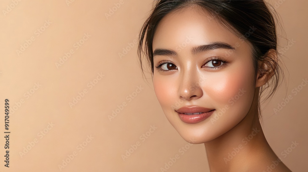 Asian woman with healthy, glowing skin, looking at the camera with a gentle smile, set against a beige background, emphasizing skincare Asian woman with healthy, glowing skin, looking at the camera with a gentle smile, set against a beige background, emphasizing skincare