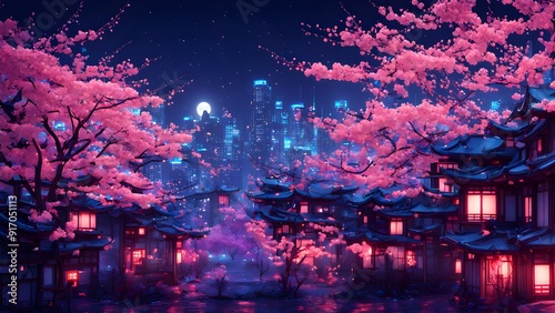 Fantasy night city Japanese landscape, neon light, residential buildings, big sakura tree. Night urban fantasy background. 3D illustration.