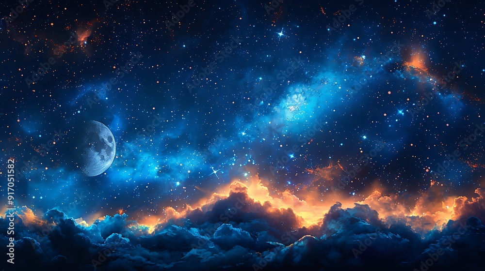 Watercolor pattern of the night sky, constellations and stars, midnight blue and violet hues, crescent moons, soft glowing stars, subtle nebula details, celestial and serene, hd quality, natural look.