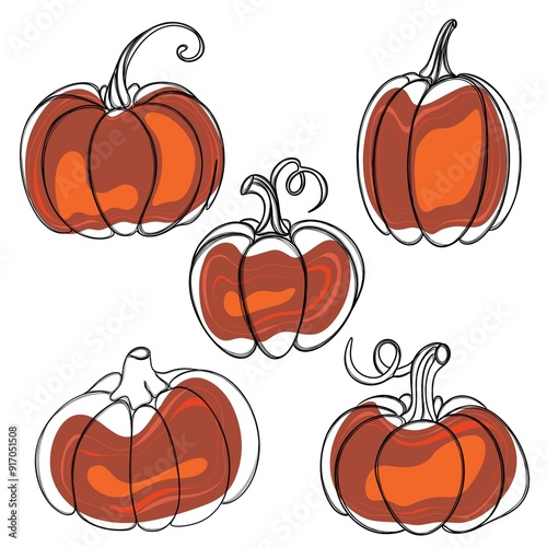 Line Art Free Hand Drawn Pumpkin Sticker. Autumn Pumpkin Stickers set