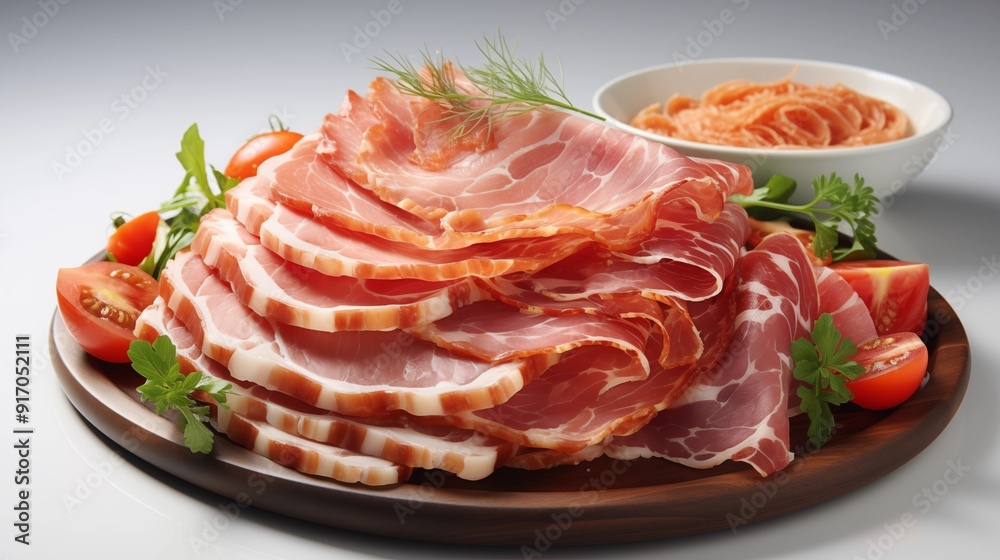Close-up of Smithfield ham, emphasizing the savory textures, front view from above, studio lighting, white background. Close-up of Smithfield ham, emphasizing the savory textures, front view from above, studio lighting, white background.