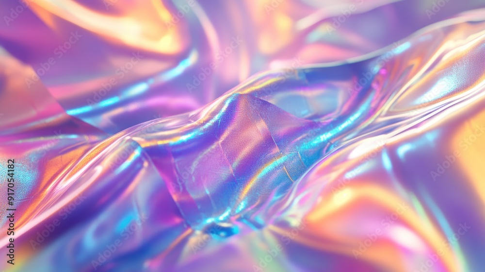 Detailed shot of a rainbow-colored holographic leather foil texture, emphasizing vibrant and trendy bright colors for a modern background